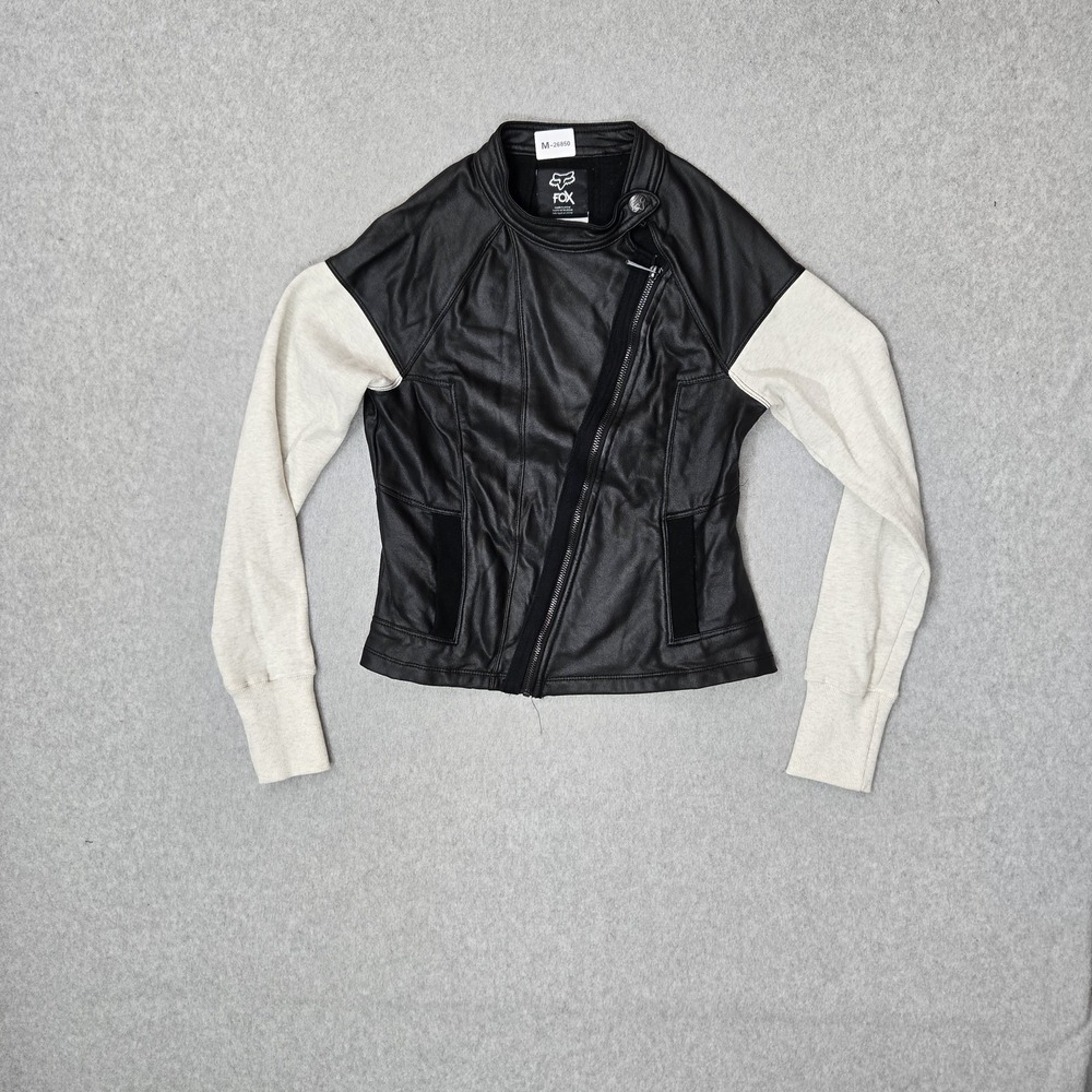 Fox Women Jacket S Black Moto Zipper‎ Faux Leather Logo Long Sleeve